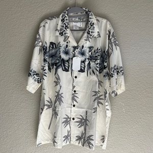 NWT Makani Hawaii Navy Blue & Gray Floral Hawaiian Button Down Shirt Size XL